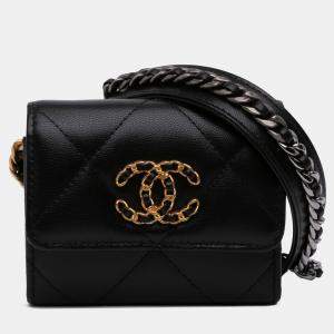Chanel Black Lambskin 19 Flap Coin Purse With Chain
