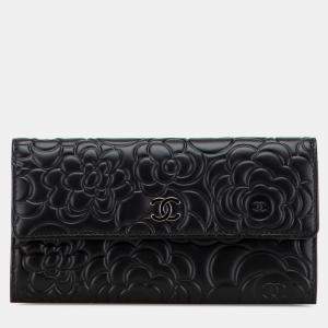 Chanel Black CC Lambskin Embossed Camellia Flap Wallet