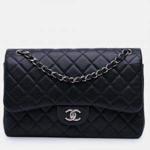 Pre Owned Chanel Navy Blue Jumbo Classic Caviar Double Flap