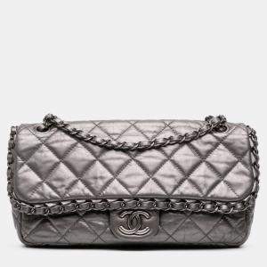 Pre Owned Chanel Grey Medium Quilted Metallic Aged Calfskin Chain Me Flap