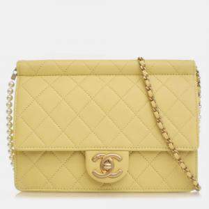 Pre Owned Chanel Medium Yellow Lambskin Chic Pearls Flap Bag