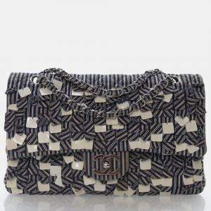 Pre Owned Chanel Medium Blue/White Denim Classic Double Flap Bag