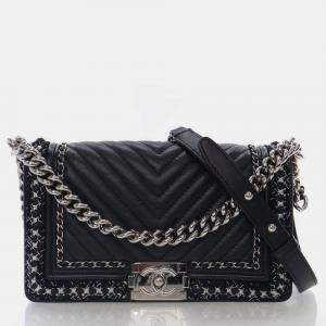 Pre Owned Chanel Medium Braided Chain Around Black Calkskin Boy Bag