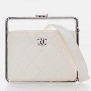 Pre Owned Chanel White Lambskin Metal Bar Flap Bag