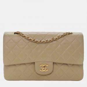 Pre Owned Chanel Beige Medium Classic Lambskin Double Flap
