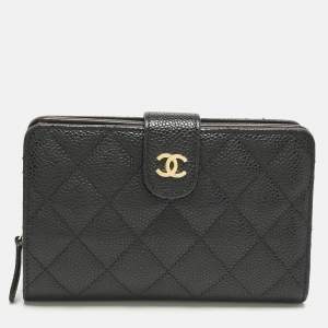 Pre Owned Chanel Black Quilted Caviar Leather L-Zip Wallet
