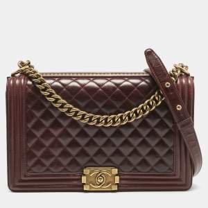 Pre Owned Chanel Navy Burgundy Quilted Leather New Medium Boy Paris- Salzburg Flap Bag