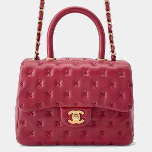 Pre Owned Chanel Coco Handle 2Way Handbag Red Lambskin Size Small