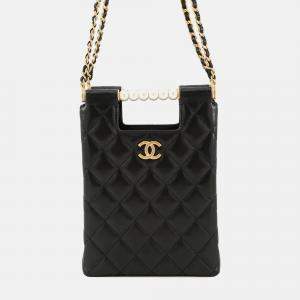 Pre Owned Chanel Matelasse Pearl Handle Chain Shoulder Bag Black Lambskin