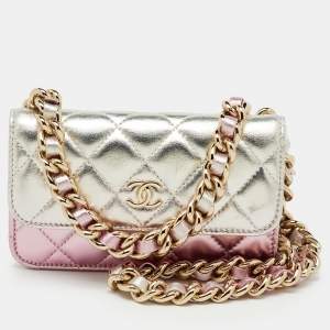 Pre Owned Chanel Metallic Silver/Pink Quilted Leather Coco Punk Wallet on Chain