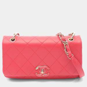 Pre Owned Chanel Matelasse Chain Shoulder Bag Lamb Skin Sheep Leather Red