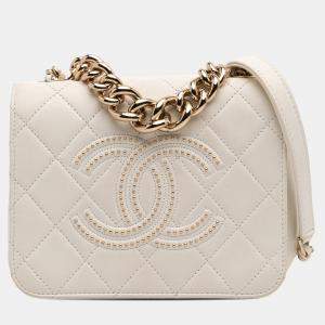 Pre Owned Chanel White Quilted Lambskin Studded Beauty Begins Flap