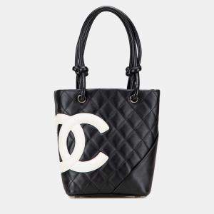 Pre Owned Chanel Black Small Quilted Lambskin Cambon Ligne Tote