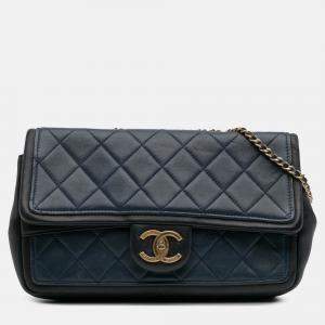 Pre Owned Chanel Blue Medium Bicolor Calfskin Graphic Flap