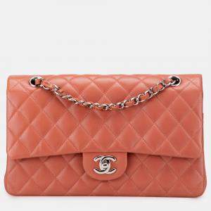 Pre Owned Chanel Orange Medium Classic Lambskin Double Flap