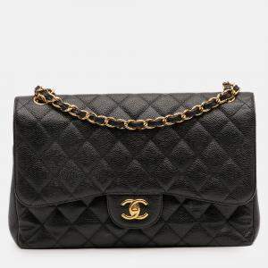 Pre Owned Chanel Black Jumbo Classic Caviar Double Flap