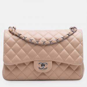 Pre Owned Chanel Beige Jumbo Classic Lambskin Double Flap