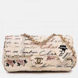 Pre Owned Chanel White Small Quilted Nylon Printed Rue Cambon Flap