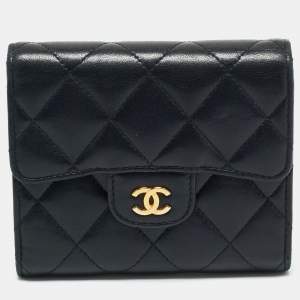 Pre Owned Chanel Black Quilted Leather CC Trifold Compact Wallet