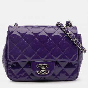 Pre Owned Chanel Purple Mini Square Classic Patent Single Flap Bag