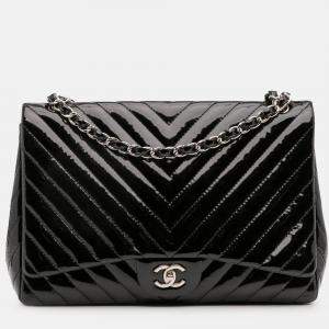 Pre Owned Chanel Black Maxi Classic Chevron Patent Single Flap Bag