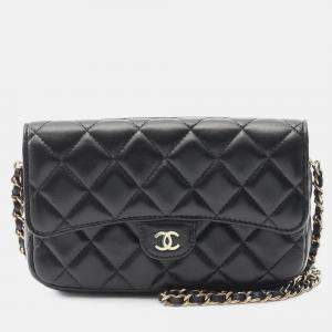 Pre Owned Chanel Black CC Quilted Lambskin Flap Phone Holder Wallet on Chain