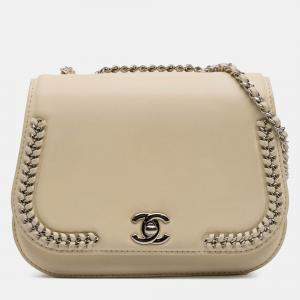 Pre Owned Chanel Cream Small Calfskin Braided Chic Flap Bag