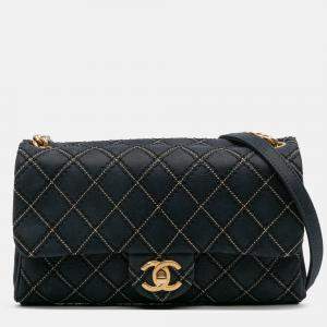 Pre Owned Chanel Navy Blue Medium Quilted Calfskin Triple Stitched Flap