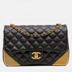 Pre Owned Chanel Black Gold Quilted Calfskin Rock The Corner Flap