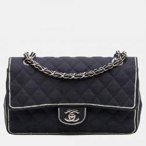 Pre Owned Chanel Navy Blue Medium Classic Printed Grosgrain Double Flap