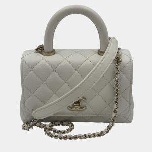 Pre Owned Chanel White Quilted Caviar Leather Mini Coco Top Handle Bag