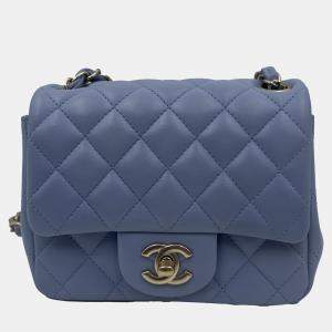 Pre Owned Chanel Blue Leather Mini Square Classic Single Flap