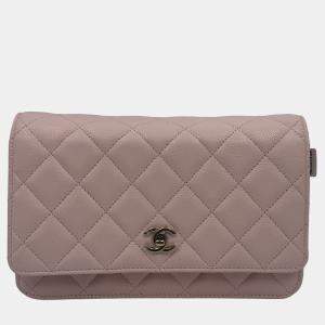 Pre Owned Chanel Light Pink Quilted Caviar Leather CC Wallet on Chain