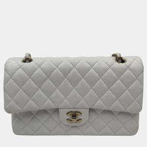 Pre Owned Chanel White Caviar Leather Classic Medium Double Flap Shoulder Bag