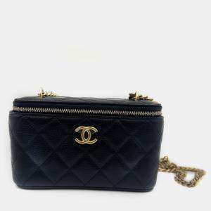 Pre Owned Chanel Vanity Heart Chain Black Caviar Leather Bag 