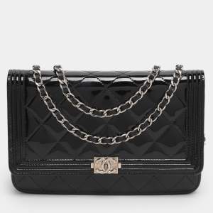 Pre Owned Chanel Black Patent Leather Boy Wallet On Chain