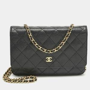 Pre Owned Chanel Black Quilted Caviar Leather Classic Wallet on Chain