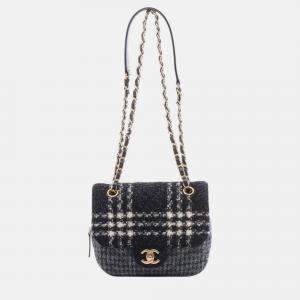 Pre Owned Chanel Black Grey Small CC Wool Tweed Flap