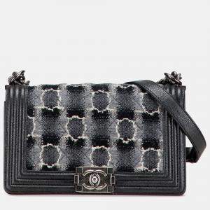 Pre Owned Chanel Grey Medium Quilted Tweed Caviar Boy Flap