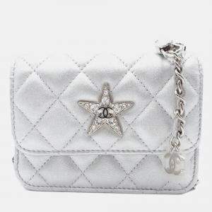Pre Owned Chanel Silver Quilted Metallic Lambskin Crystal Star Chain Flap