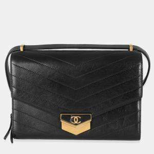 Pre Owned Chanel Black Chevron Quilted Calfskin Medal Flap Bag