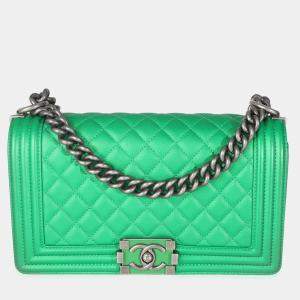 Pre Owned Chanel Green Quilted Lambskin Enamel CC Old Medium Boy Bag