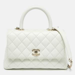 Pre Owned Chanel White Quilted Caviar Leather Mini Coco Top Handle Bag