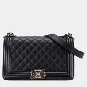 Pre Owned Chanel Black Old Medium Quilted Lambskin Boy Flap