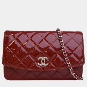Chanel Red Quilted Patent Brilliant Wallet On Chain