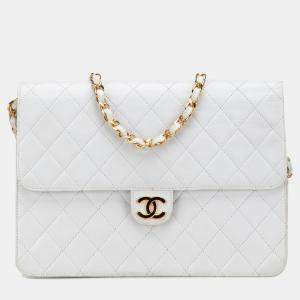 Chanel White CC Quilted Lambskin Single Flap