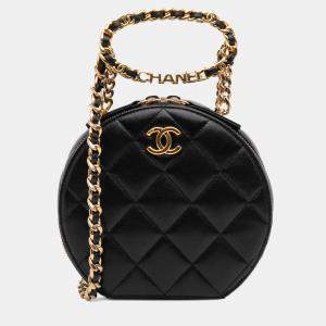 Chanel Black Quilted Lambskin Oval Logo Chain Top Handle Round Clutch on Chain