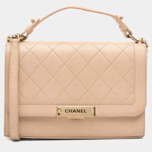 Chanel Beige Brown Medium Quilted Calfskin Label Click Flap