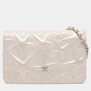Chanel Silver Metallic Lambskin Star Embossed Wallet On Chain