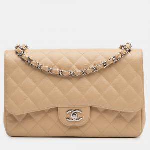 Pre Owned Chanel Beige Brown Jumbo Classic Caviar Double Flap
